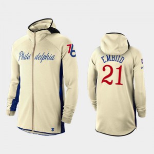 Mens Joel Embiid #21 Cream 2019-20 Showtime Full-Zip Philadelphia 76ers Earned Edition Hoodies 560102-812
